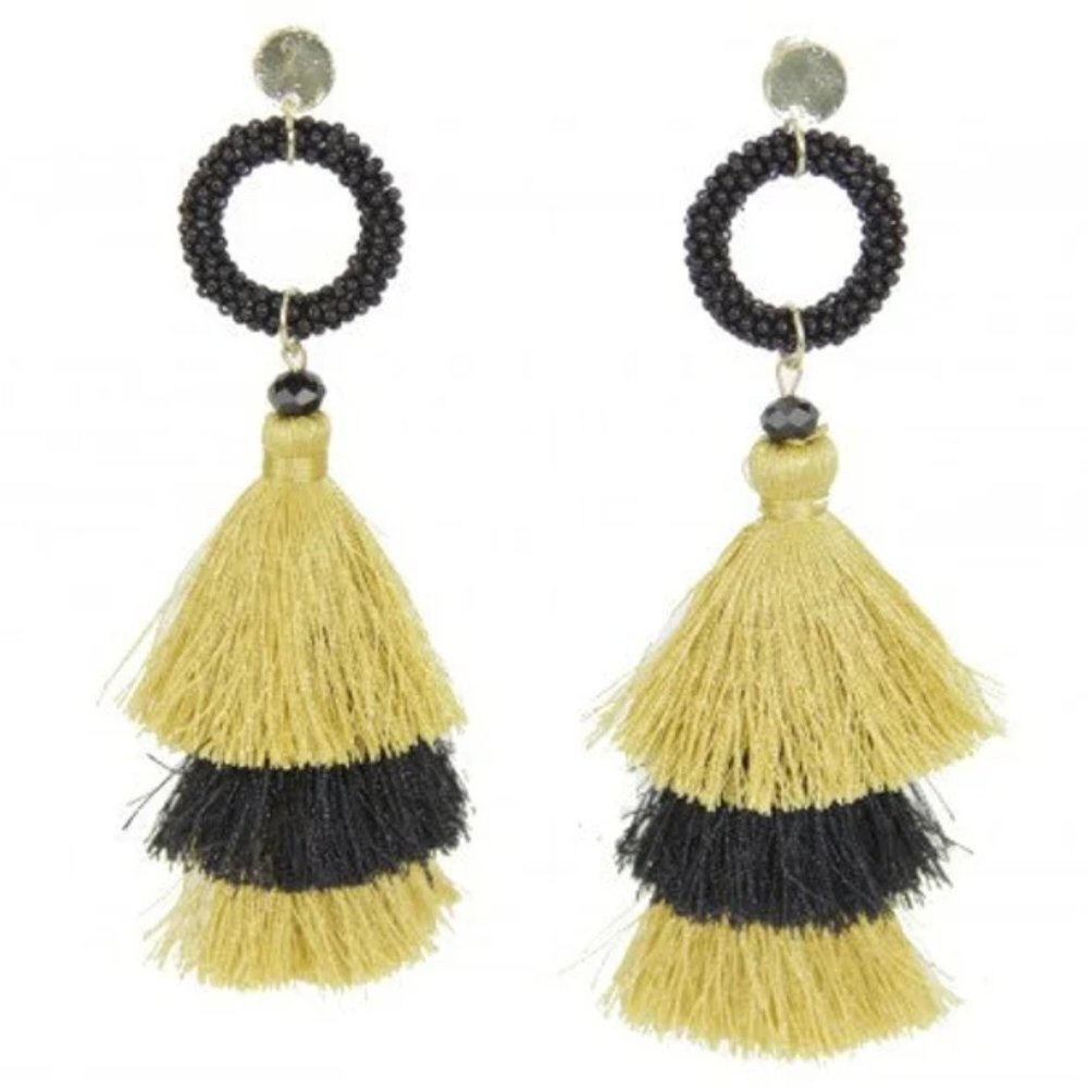 Black and Gold Earrings~Black and Gold Tassel Ring Earrings~Saints Earrings